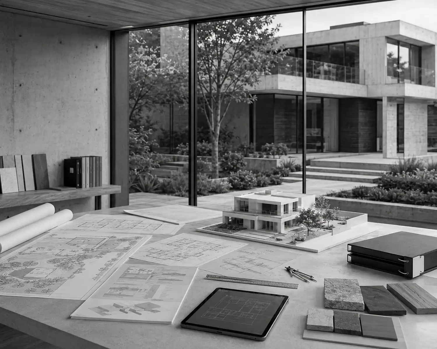 Planos y maqueta de una vivienda sobre una mesa de trabajo de arquitectura.
